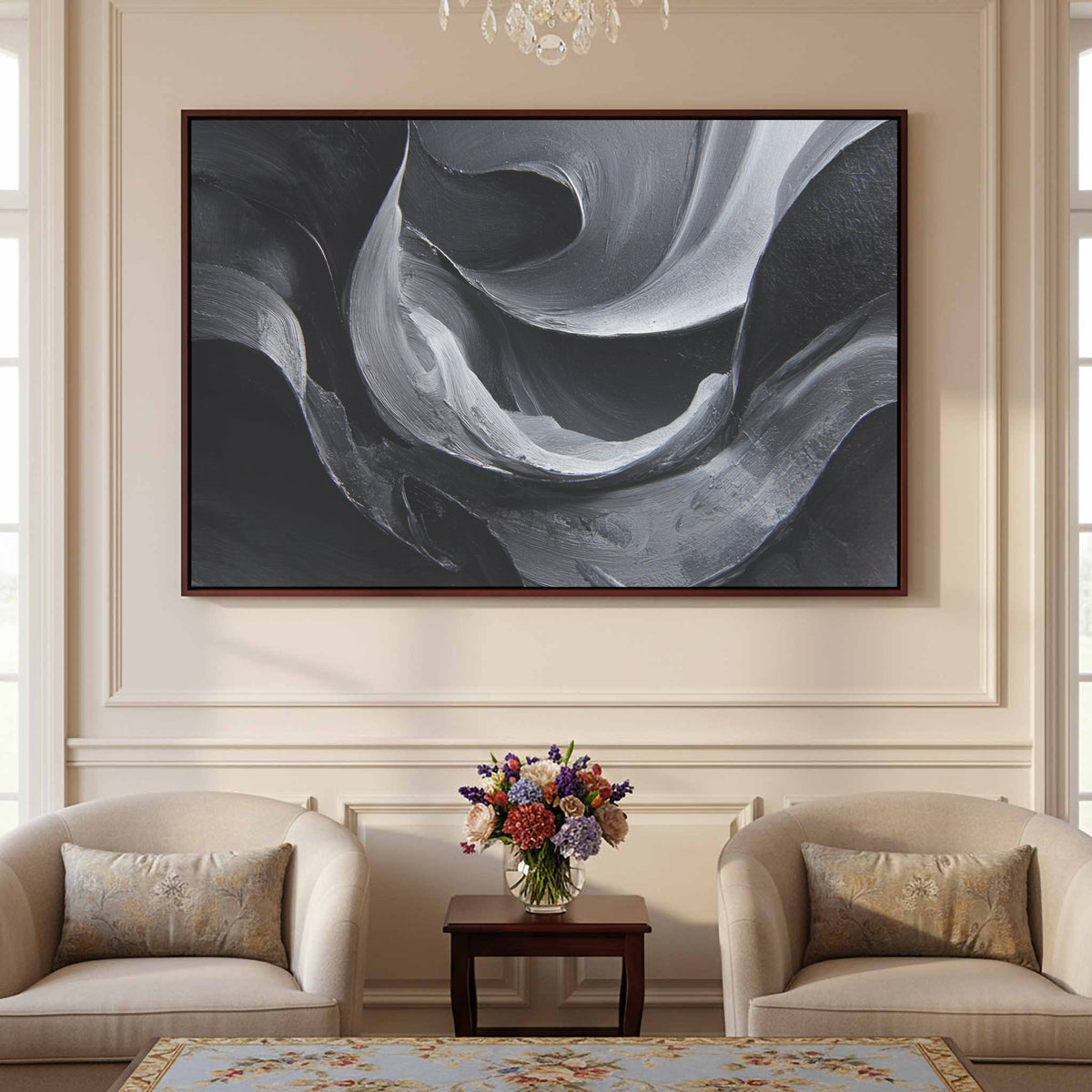 Abstract Monochrome Figure Wall Art – styled room view 3