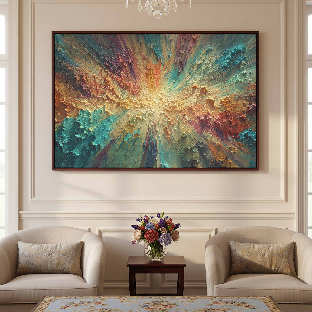 Abstract Burst Canvas Wall Art – styled room view 2