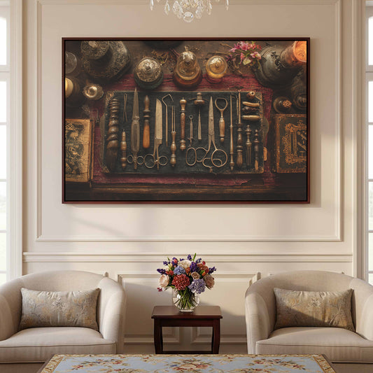 Antique Medical Tools Canvas Print – canvas print shown framed in a styled room