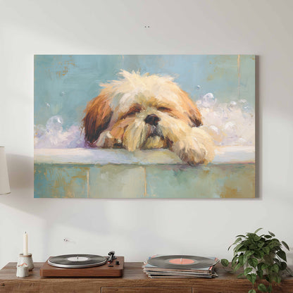 Relaxing Shih Tzu Bath Wall Art – canvas print shown framed in a styled room