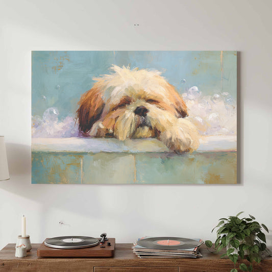 Relaxing Shih Tzu Bath Wall Art – canvas print shown framed in a styled room
