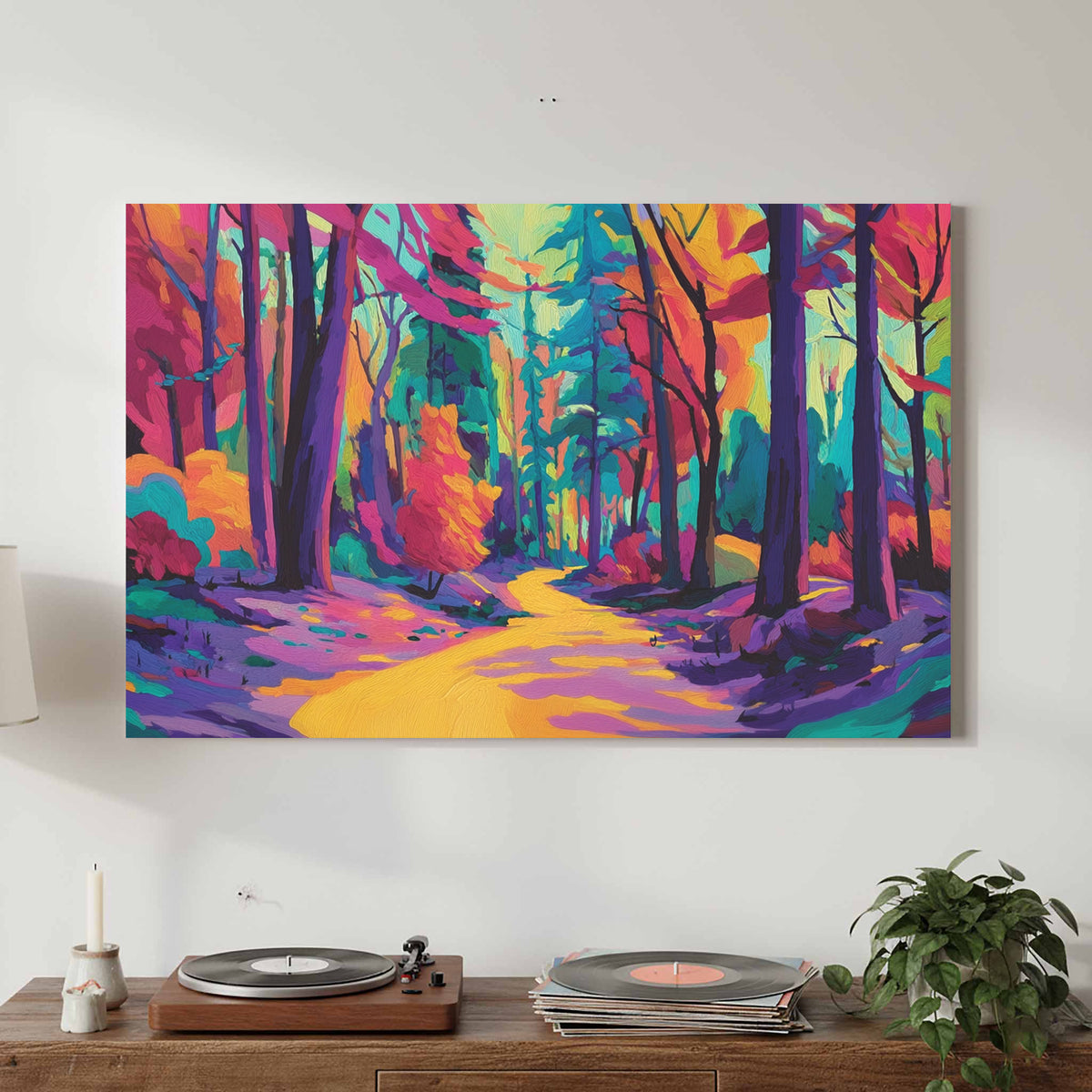 Colorful Forest Path Canvas Art – styled room view 2