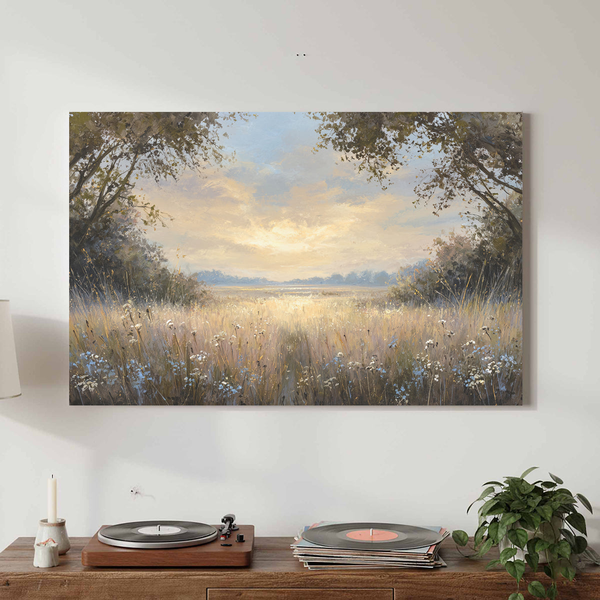 Sunlit Meadow Landscape Canvas Wall Art – canvas print shown framed in a styled room