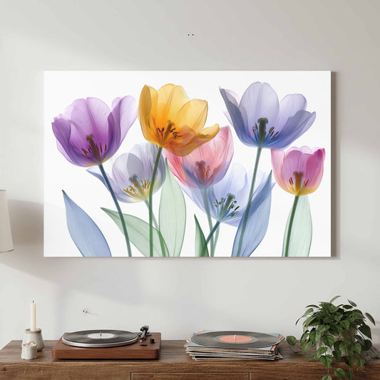 Modern Translucent Tulip Wall Art – canvas print shown framed in a styled room