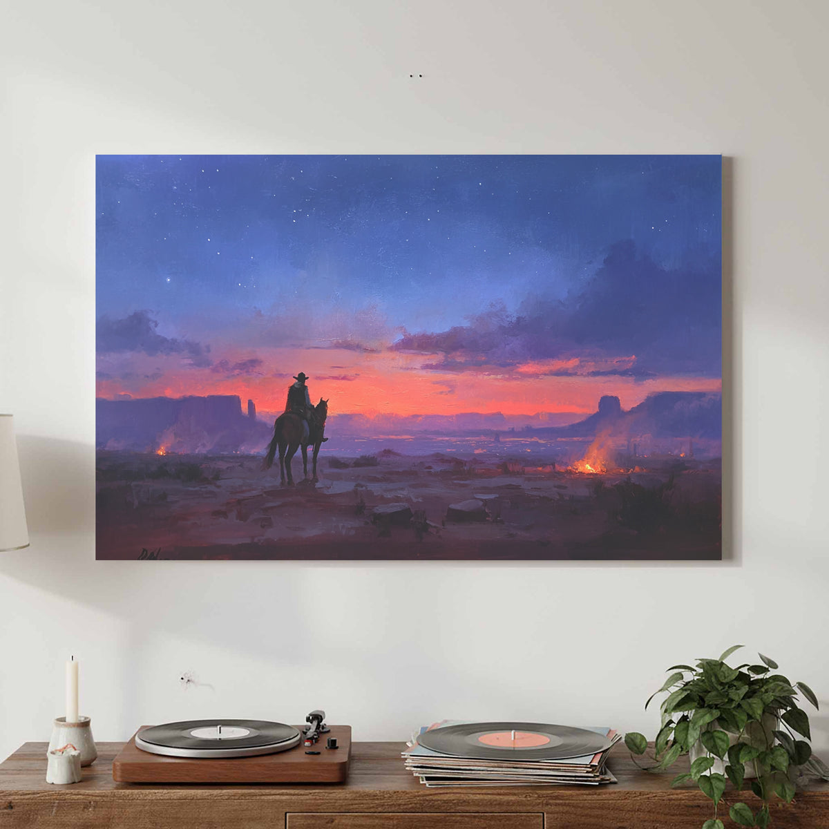 Western Cowboy Canvas Wall Art – canvas print shown framed in a styled room