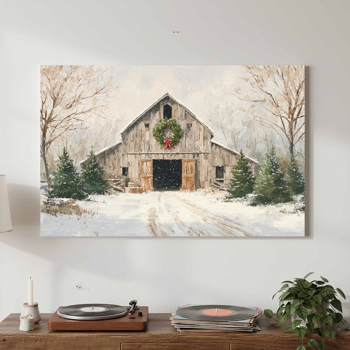 Christmas Barn Canvas Wall Art – styled room view 2