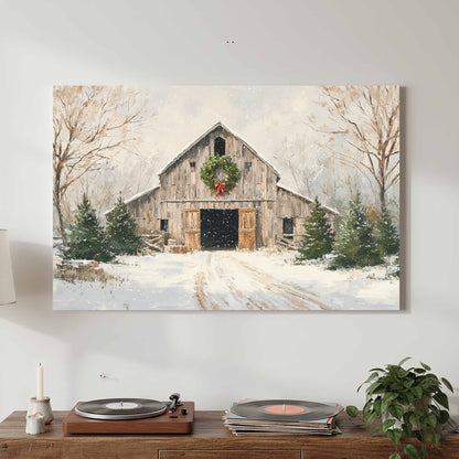Christmas Barn Canvas Wall Art – styled room view 2