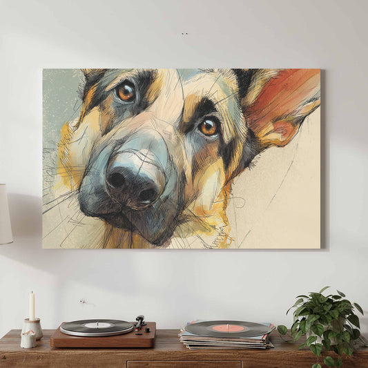 German Shepherd Dog Art Print – canvas print shown framed in a styled room