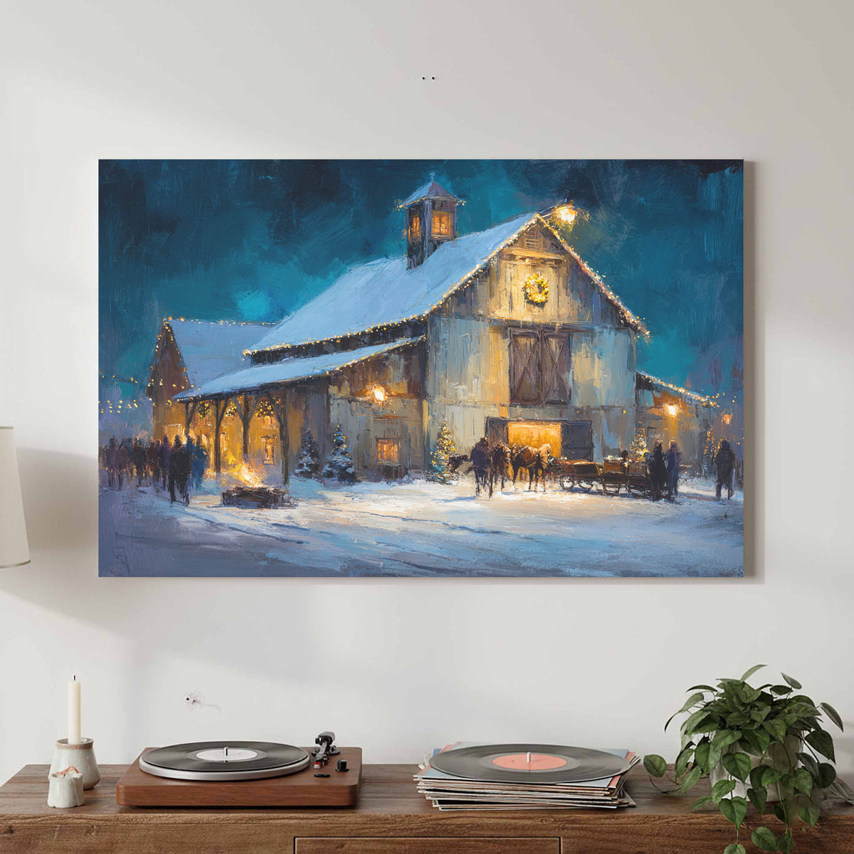 Winter Barn Wedding Wall Art – canvas print shown framed in a styled room