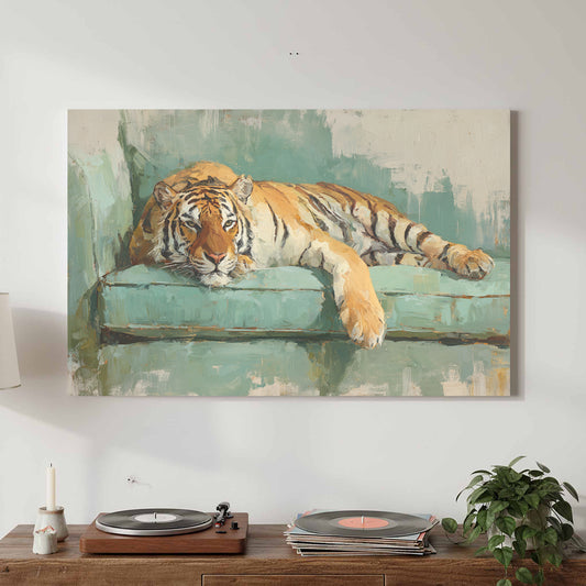 Tiger On Chair Wall Art – canvas print shown framed in a styled room