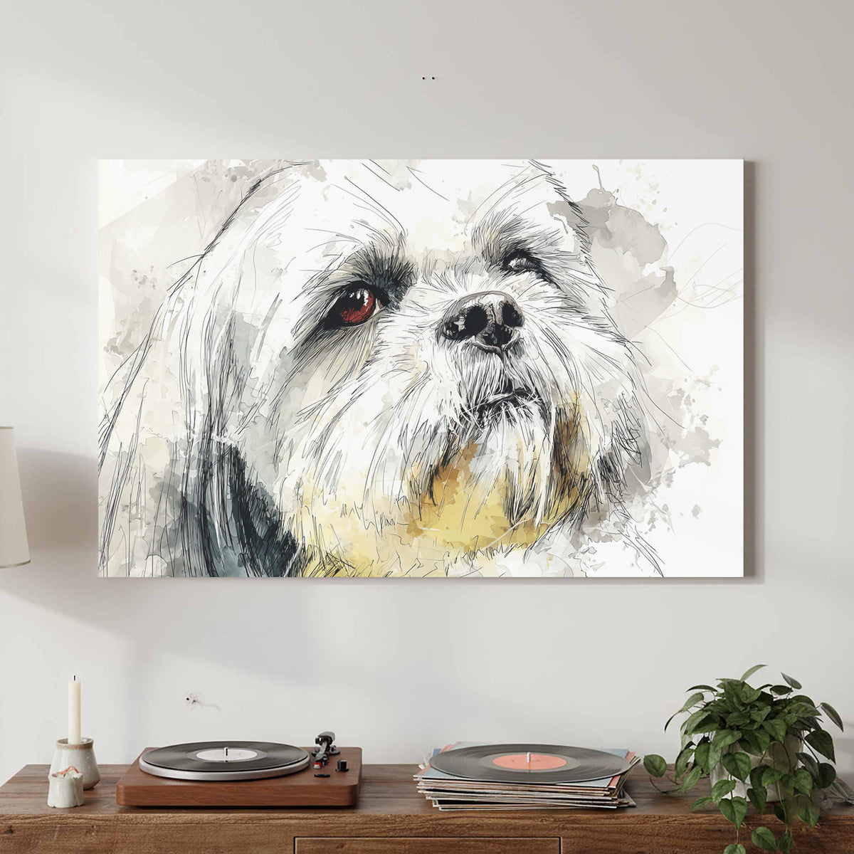 Shih Tzu Dog Portrait Canvas Print – canvas print shown framed in a styled room