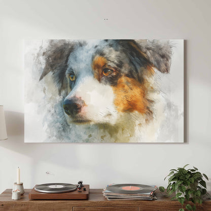 Australian Shepherd Portrait Wall Art – canvas print shown framed in a styled room