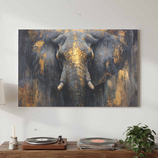Bold Elephant Portrait Canvas – canvas print shown framed in a styled room