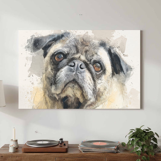 Pug Dog Canvas Wall Art – canvas print shown framed in a styled room