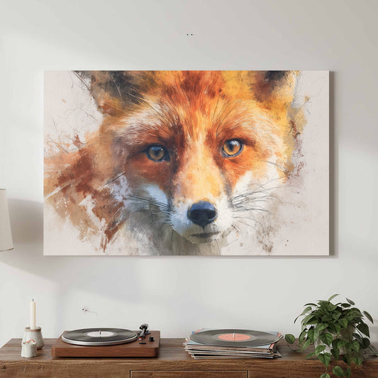 Red Fox Portrait Canvas Print – canvas print shown framed in a styled room