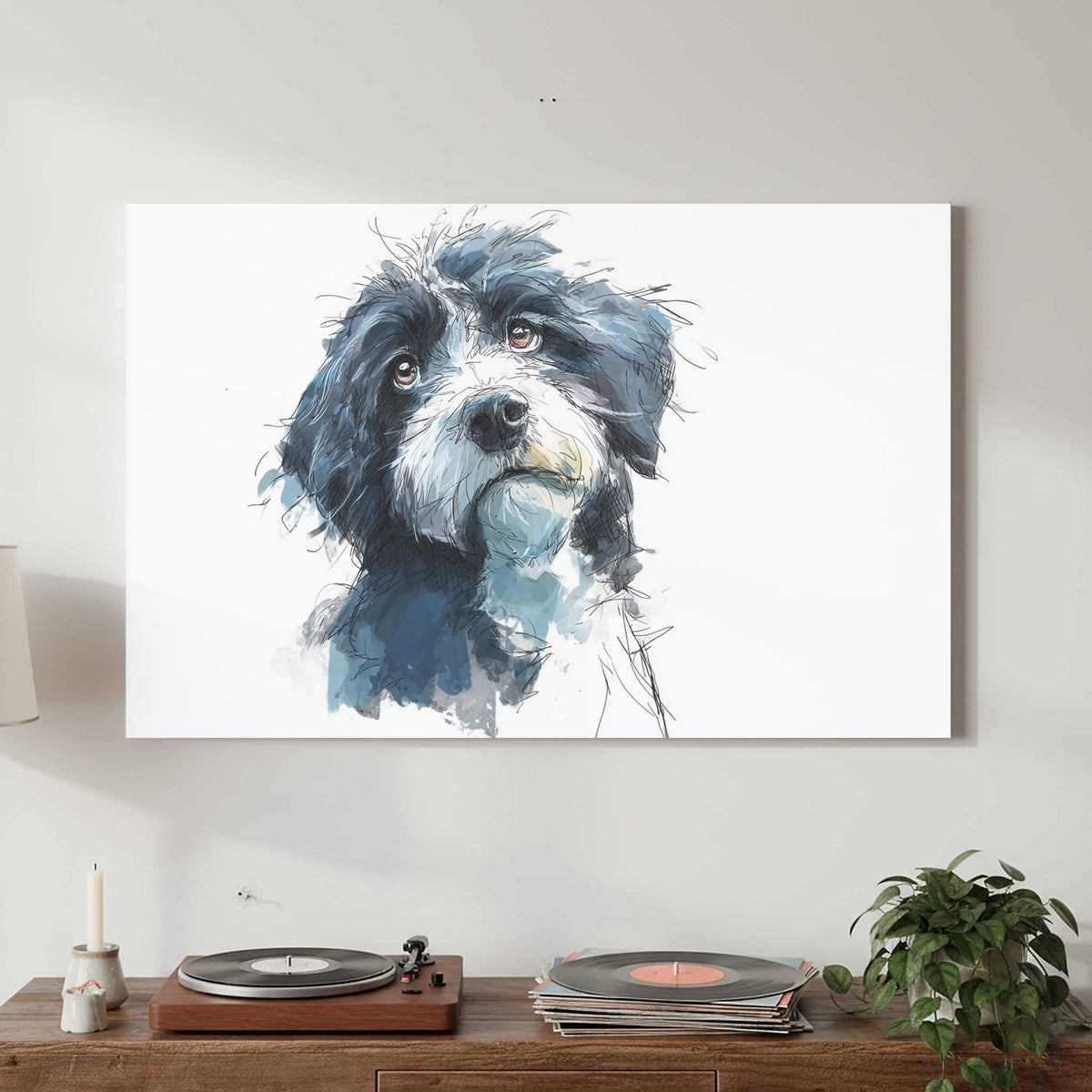 Portuguese Water Dog Canvas Wall Art – canvas print shown framed in a styled room