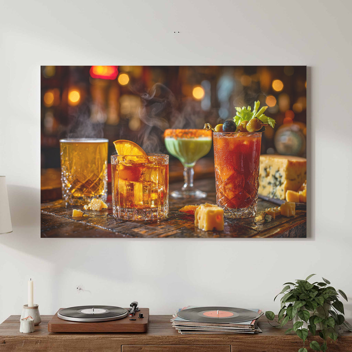 Wisconsin Tavern Cocktail Wall Art – canvas print shown framed in a styled room