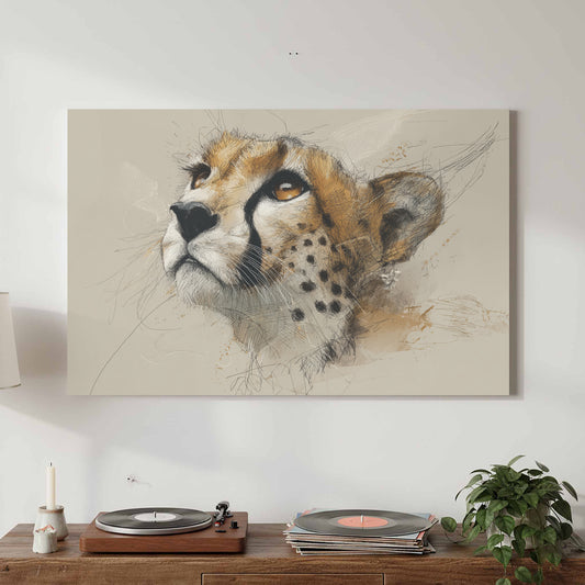 Cheetah Face Canvas Wall Art – canvas print shown framed in a styled room