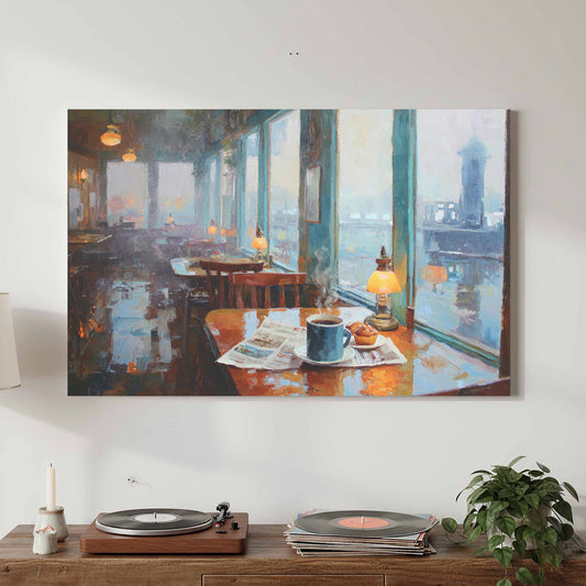 Coffeehouse Interior Canvas Print – canvas print shown framed in a styled room