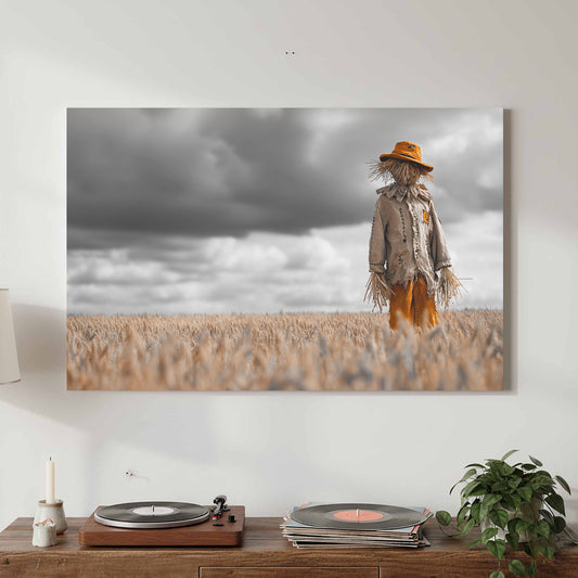 Scarecrow Field Canvas Wall Art – canvas print shown framed in a styled room