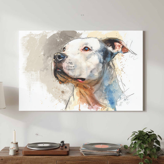 Pit Bull Terrier Dog Portrait Wall Art – canvas print shown framed in a styled room
