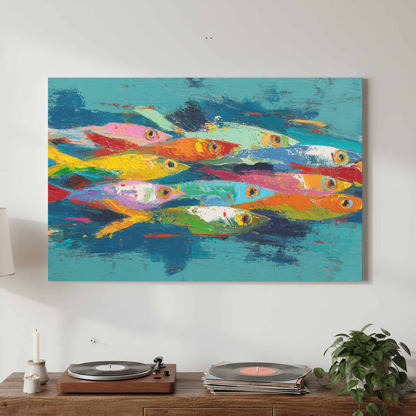 Abstract Fish School Canvas Art – canvas print shown framed in a styled room