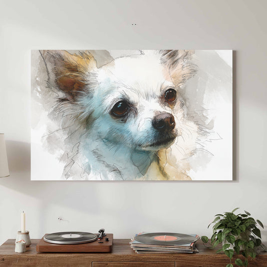 Chihuahua Portrait Canvas Print – canvas print shown framed in a styled room