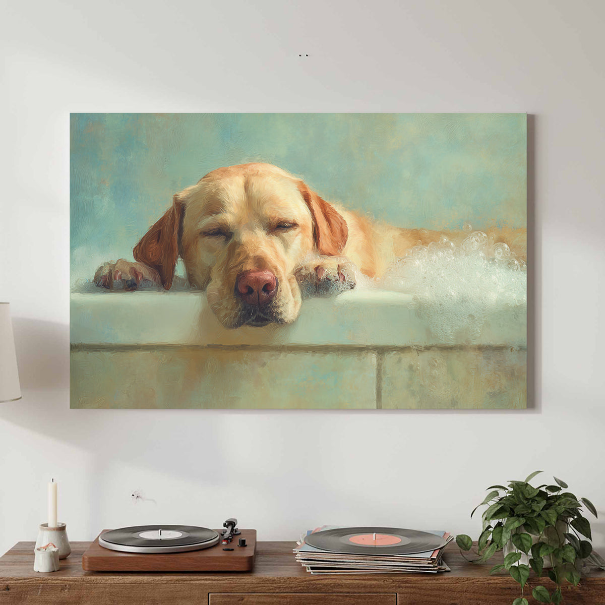 Labrador Retriever Bath Canvas Wall Art – canvas print shown framed in a styled room