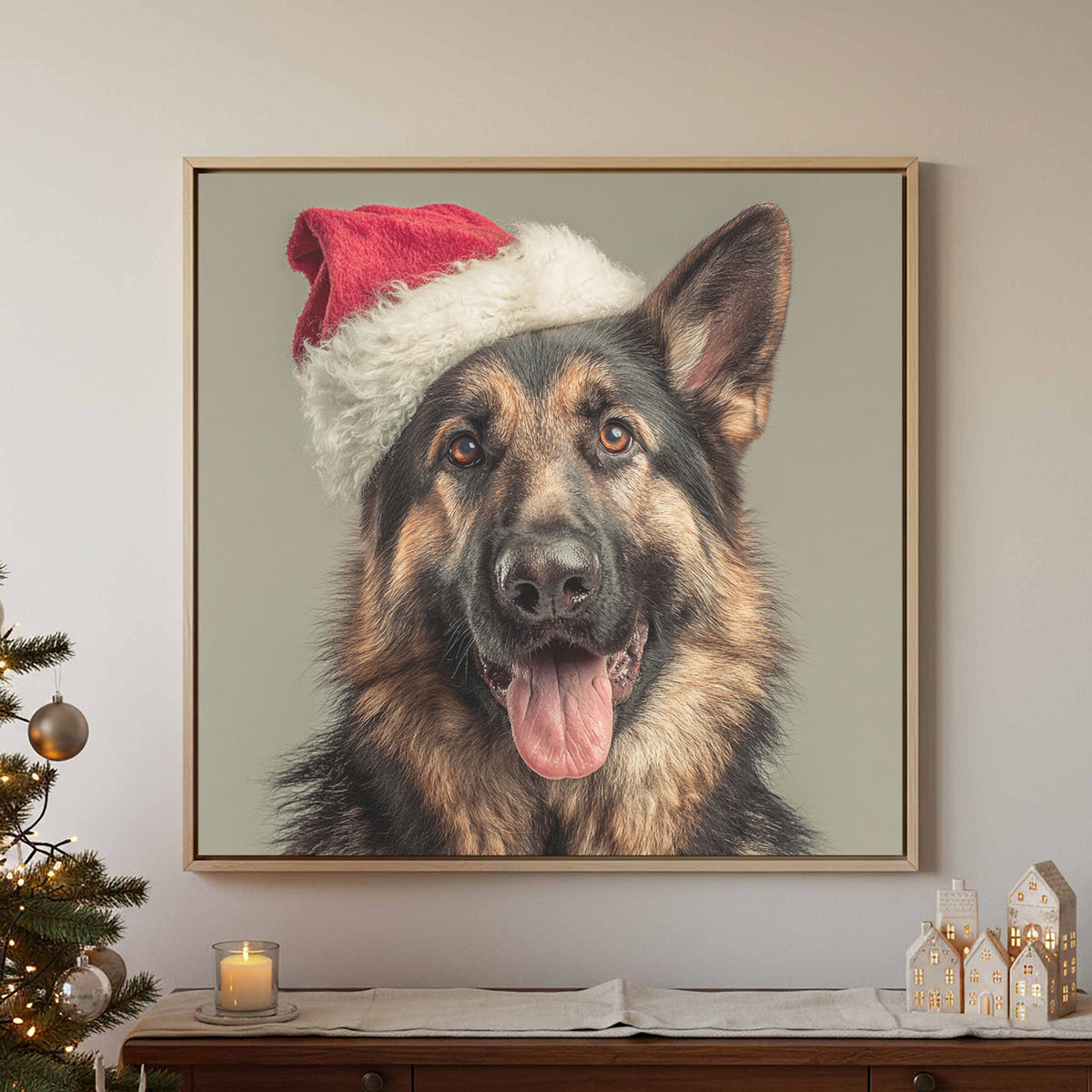 German Shepherd Santa Hat Canvas Print – styled room view 2