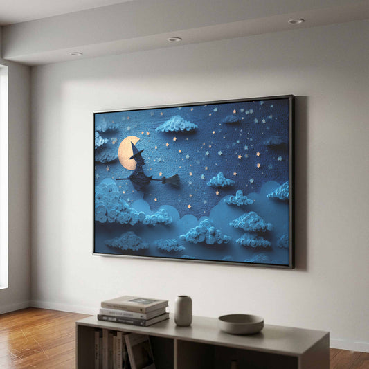 Witch Broom Wall Art – canvas print shown framed in a styled room