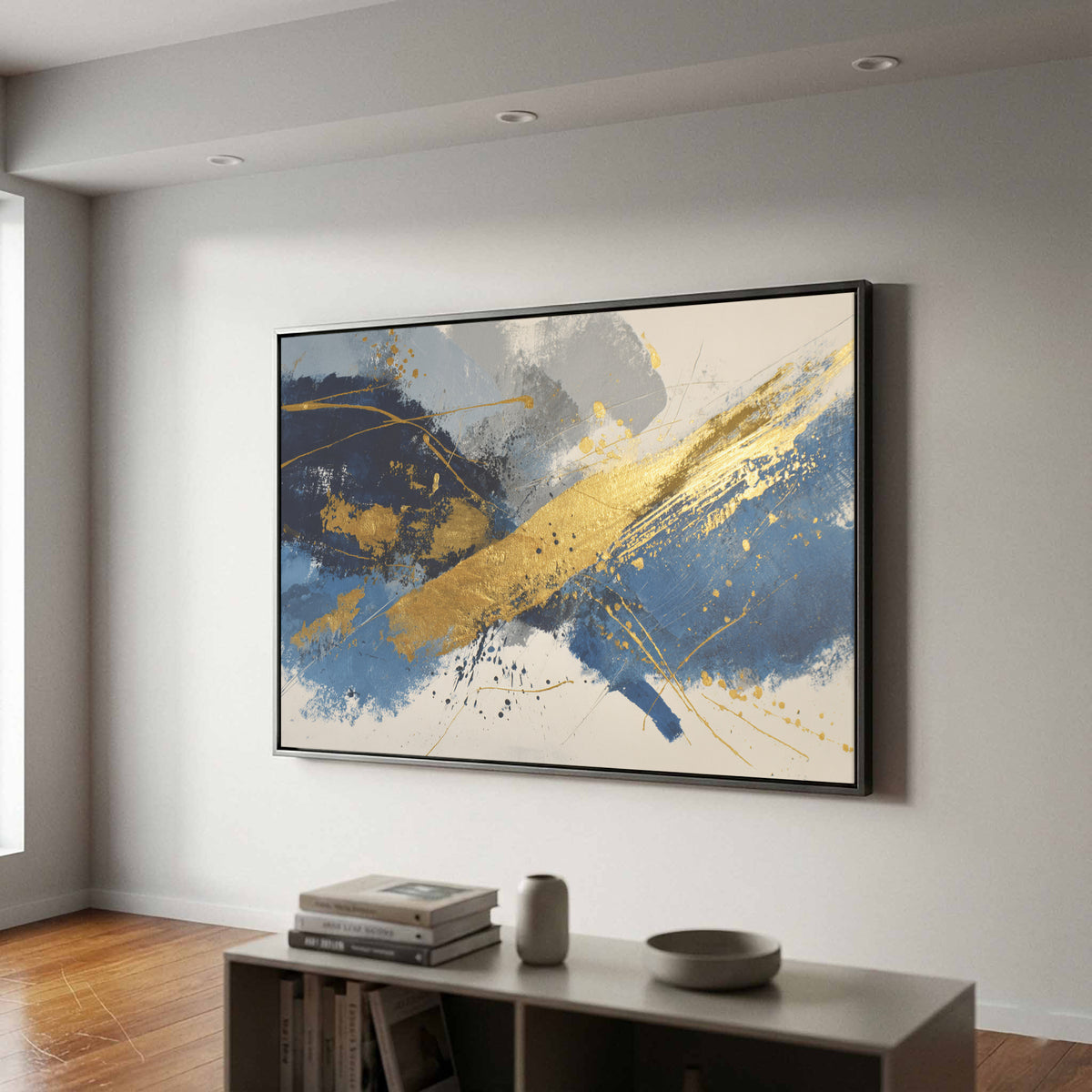 Abstract Gold Blue Canvas Wall Art – styled room view 2