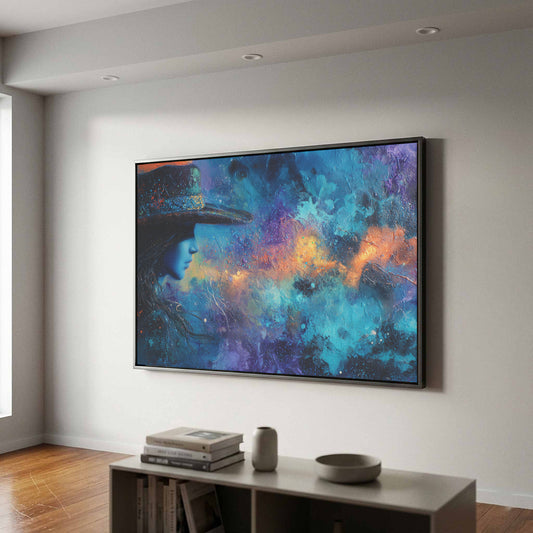 Western Cowgirl Witch Abstract Canvas Art – canvas print shown framed in a styled room