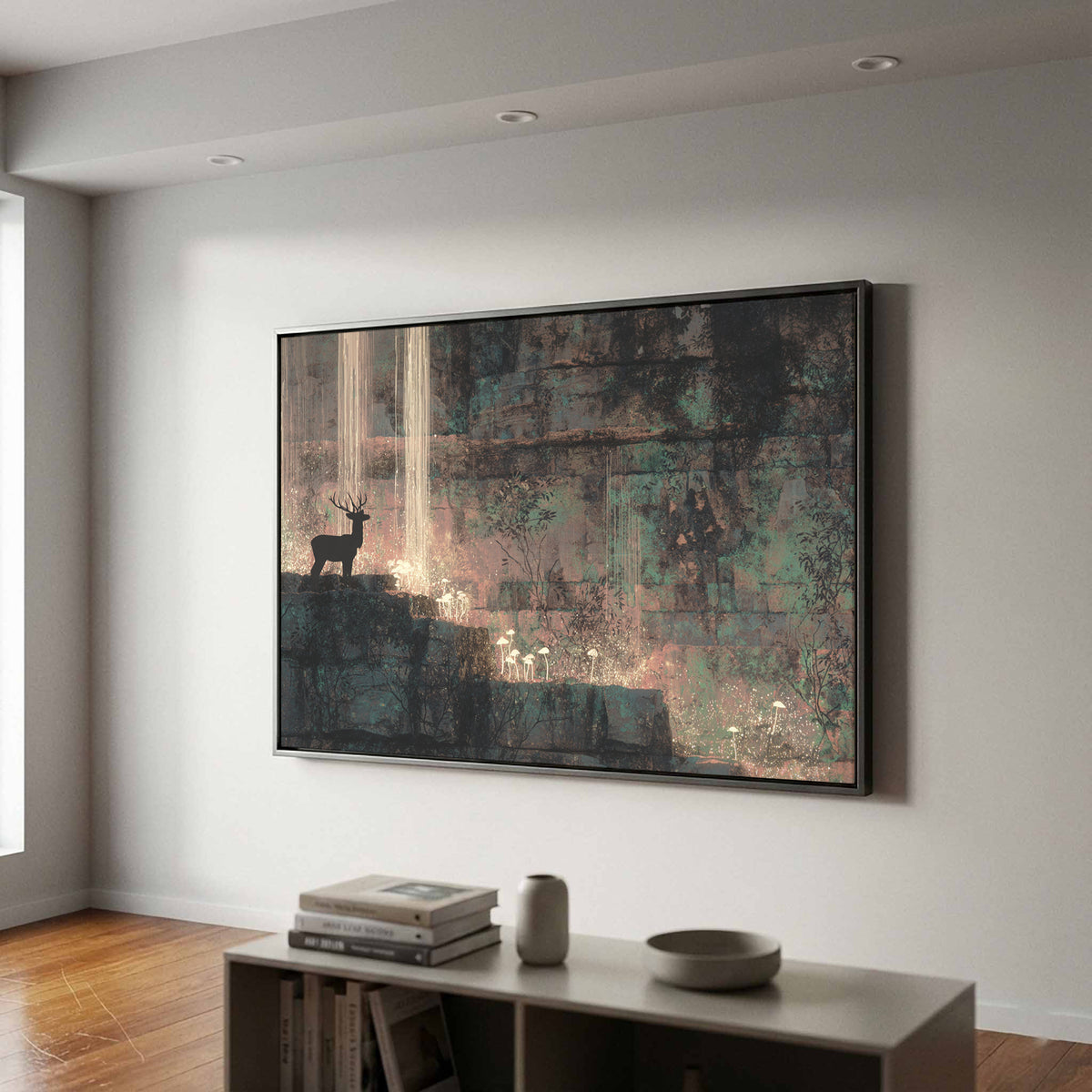 Cave Art Deer Silhouette Print – styled room view 2