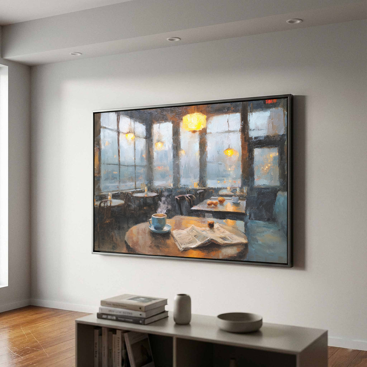Coffee House Art Print – canvas print shown framed in a styled room