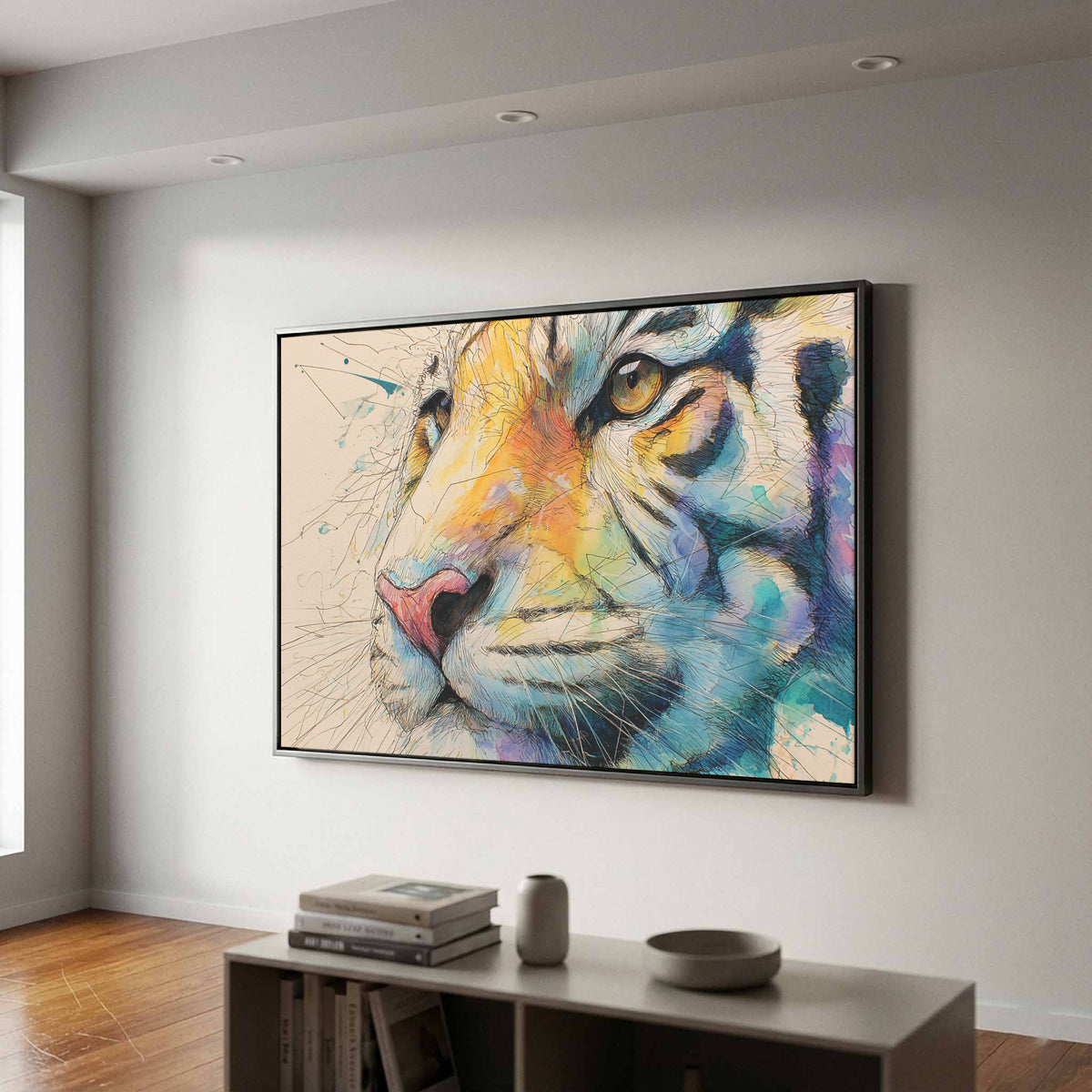 Tiger Portrait Canvas Wall Art – canvas print shown framed in a styled room