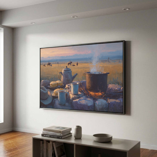 Western Campfire Canvas Print – canvas print shown framed in a styled room