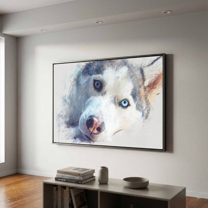 Siberian Husky Watercolor Canvas Print – canvas print shown framed in a styled room