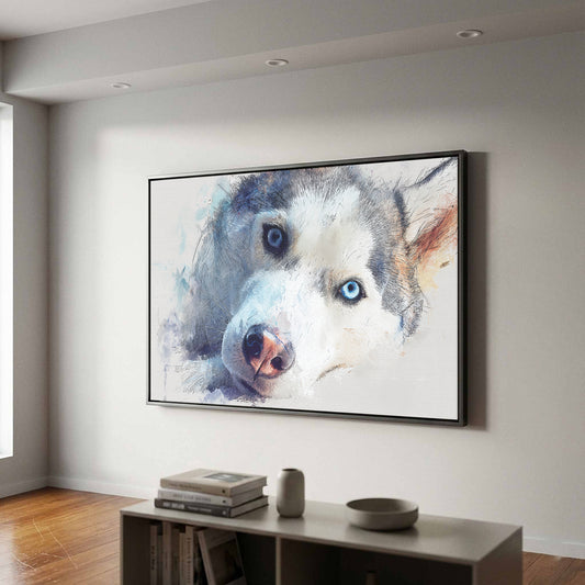 Siberian Husky Watercolor Canvas Print – canvas print shown framed in a styled room