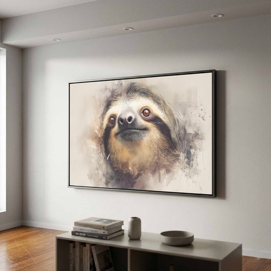 Sloth Portrait Canvas Wall Art – canvas print shown framed in a styled room