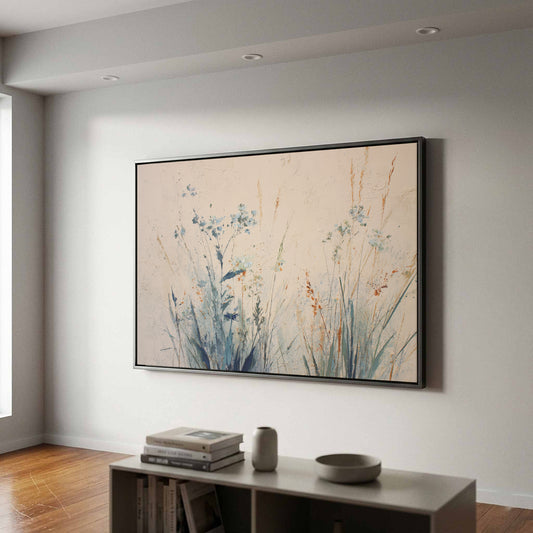 Abstract Botanical Wall Art – canvas print shown framed in a styled room