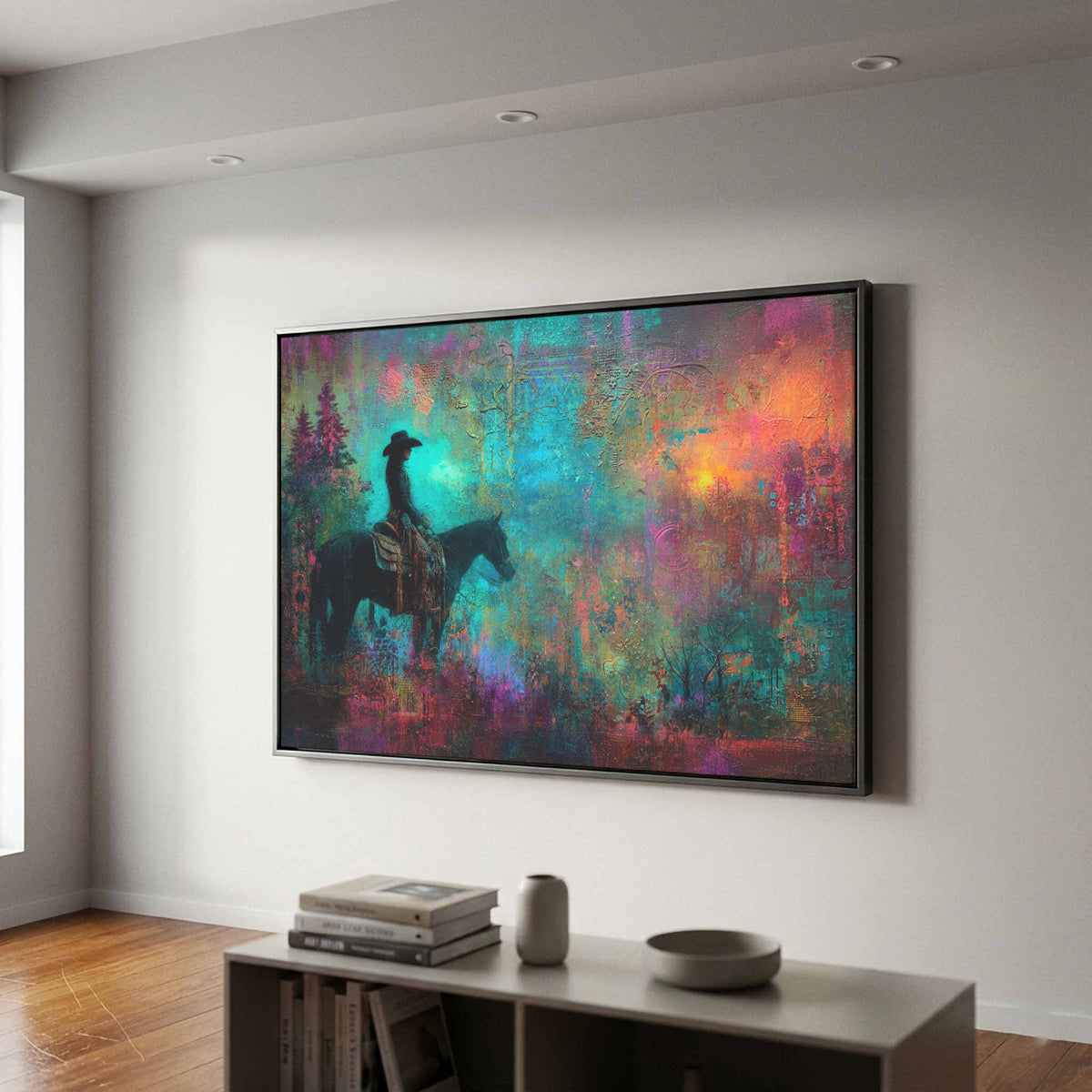 Western Cowgirl Canvas Art – canvas print shown framed in a styled room