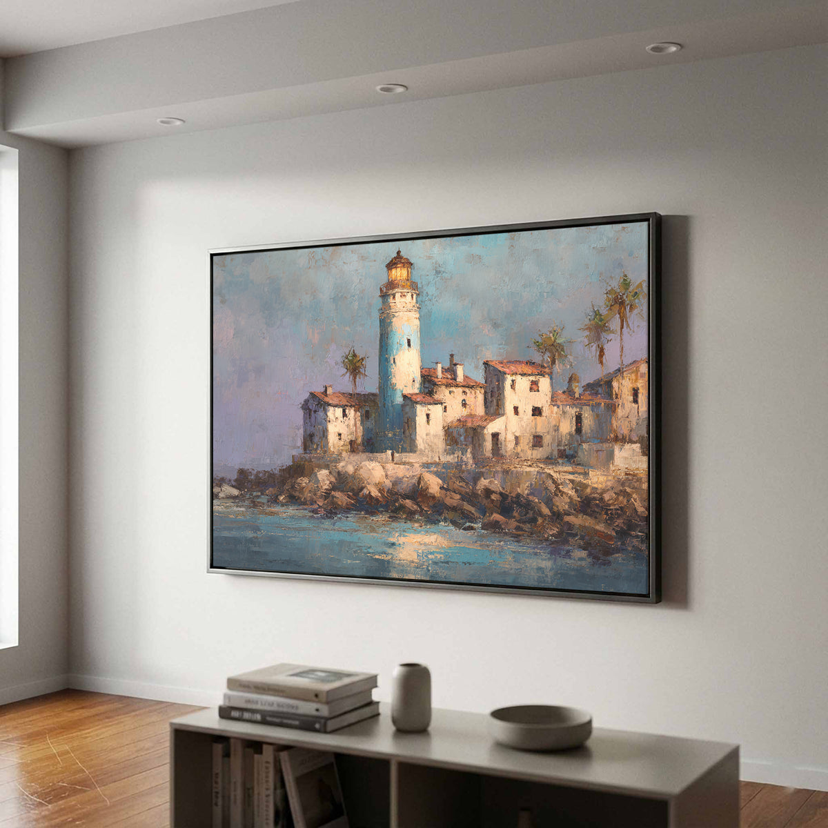 Santa Marta Lighthouse Oil Painting – styled room view 2