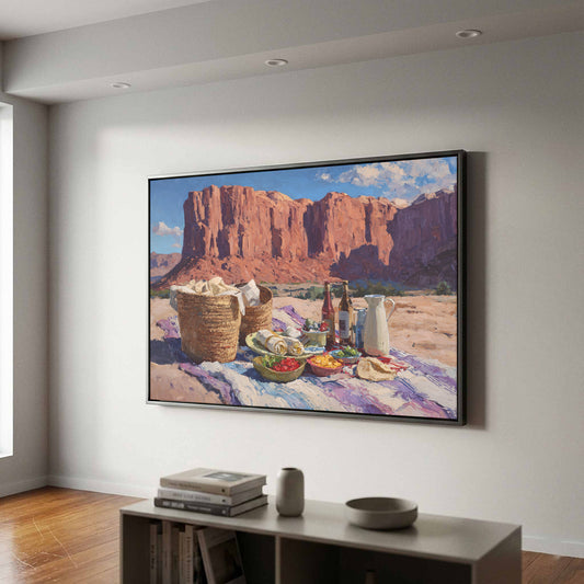 Desert Mesa Picnic Canvas Print – canvas print shown framed in a styled room