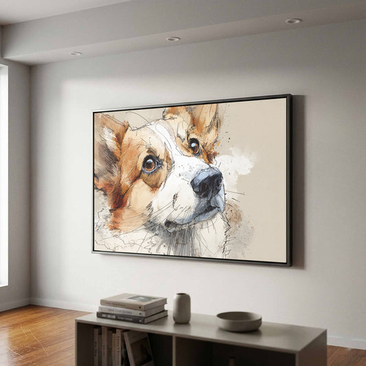 Corgi Dog Portrait Canvas Print – canvas print shown framed in a styled room