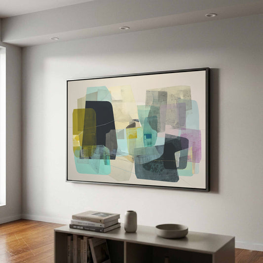 Modern Abstract Geometric Art – canvas print shown framed in a styled room