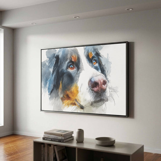 Bernese Mountain Dog Watercolor Canvas Print – canvas print shown framed in a styled room
