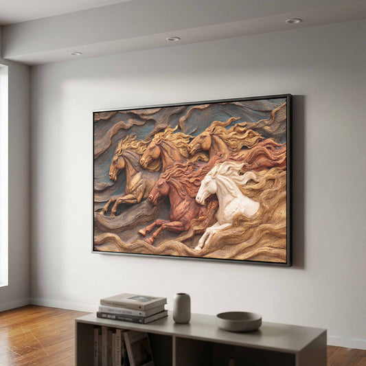 Horse Relief Wall Art – canvas print shown framed in a styled room