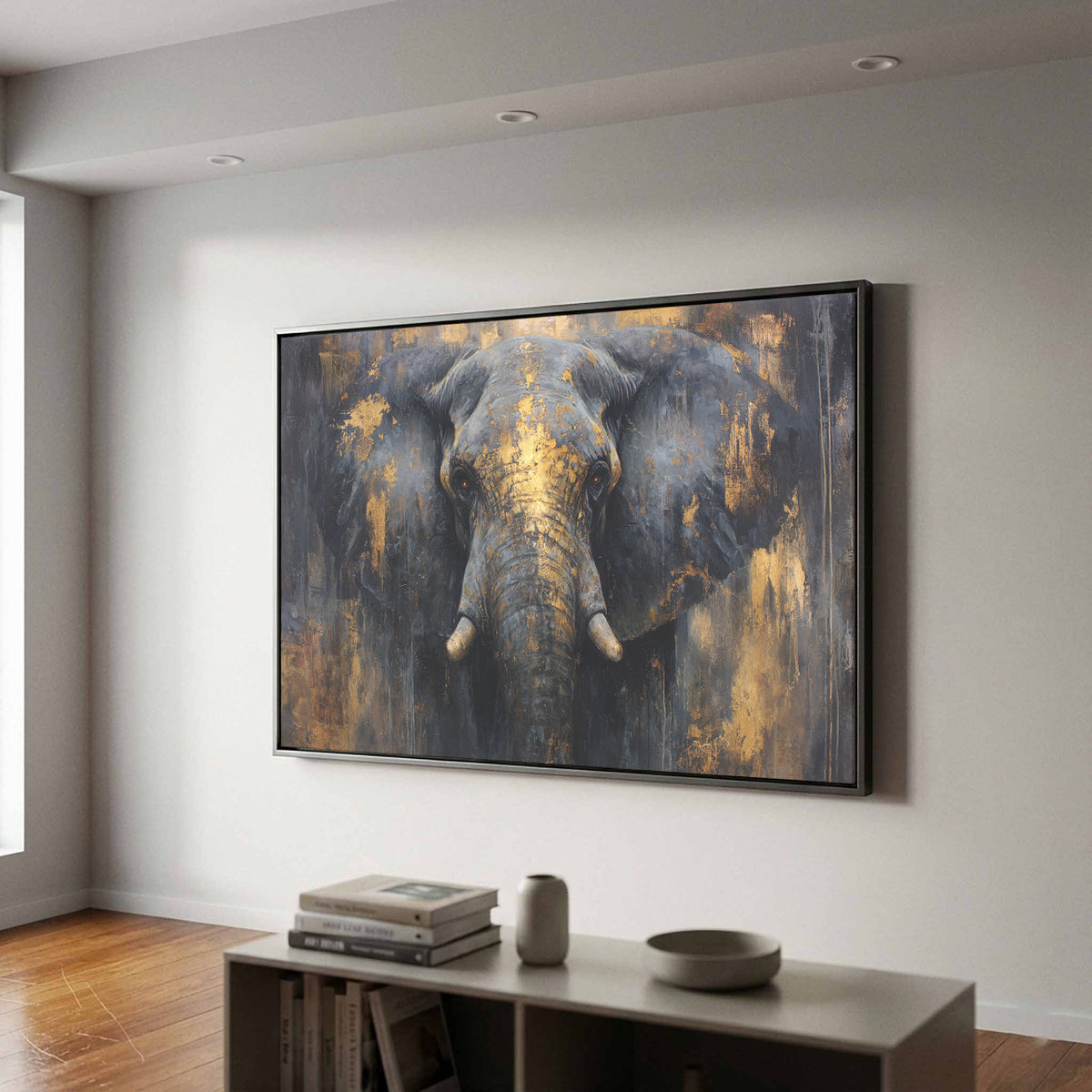 Bold Elephant Portrait Canvas – styled room view 2