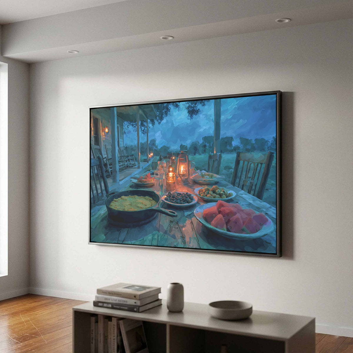 Southern Farmstead Dinner Canvas Print – canvas print shown framed in a styled room