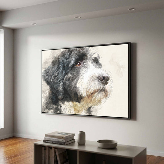 Portuguese Water Dog Canvas Print – canvas print shown framed in a styled room